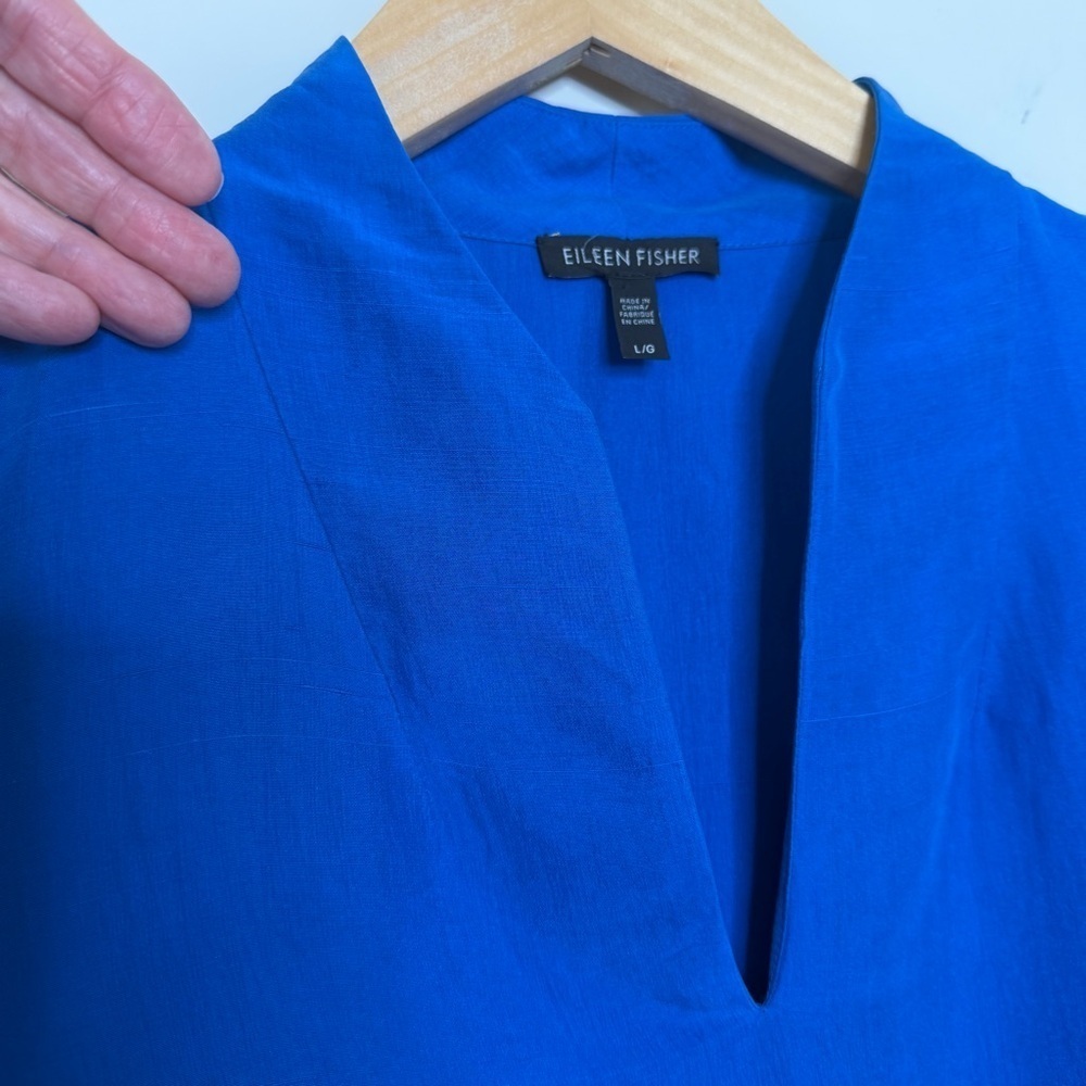 Eileen Fisher Silk Dupioni High Collar Top Catalina Blue VNeck Long Sleeve - Picture 6 of 12